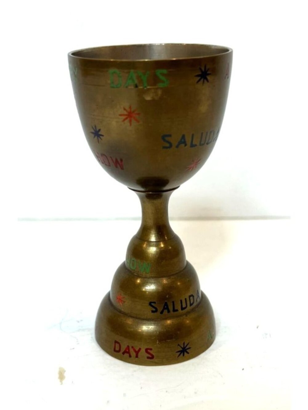 Vintage Bells of Sarna India Bell Toasting Cup Brass Painted Letters Tiered Base